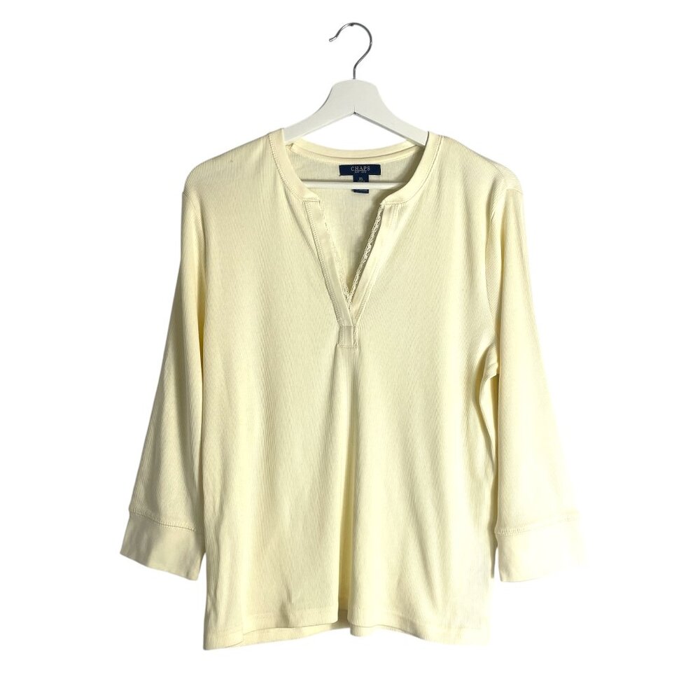 Chaps Yellow Lace Henley Cotton Quarter Sleeve Top Size XL Pastel Comfy Lacey